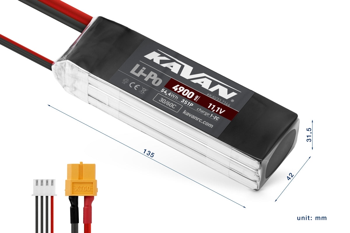 Batteria KAVAN Li-Po 4900mAh/11,1V 30/60C Air pack + connettore XT60